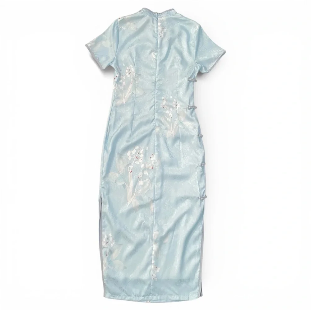 Lilly of the Vally Floral Short Sleeve Midi Blue Cheongsam Qipao Chinese Size S - Picture 3 of 10
